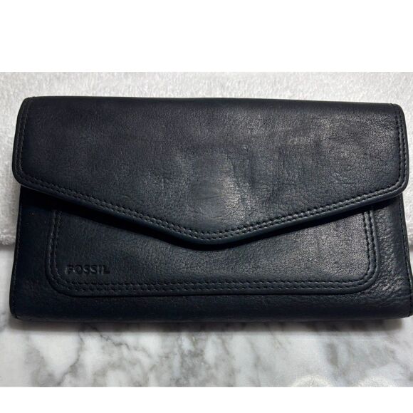 Fossil Handbags - Fossil Women's Black Leather Trifold Wallet Organizer Snap Clutch Y2K Vintage
